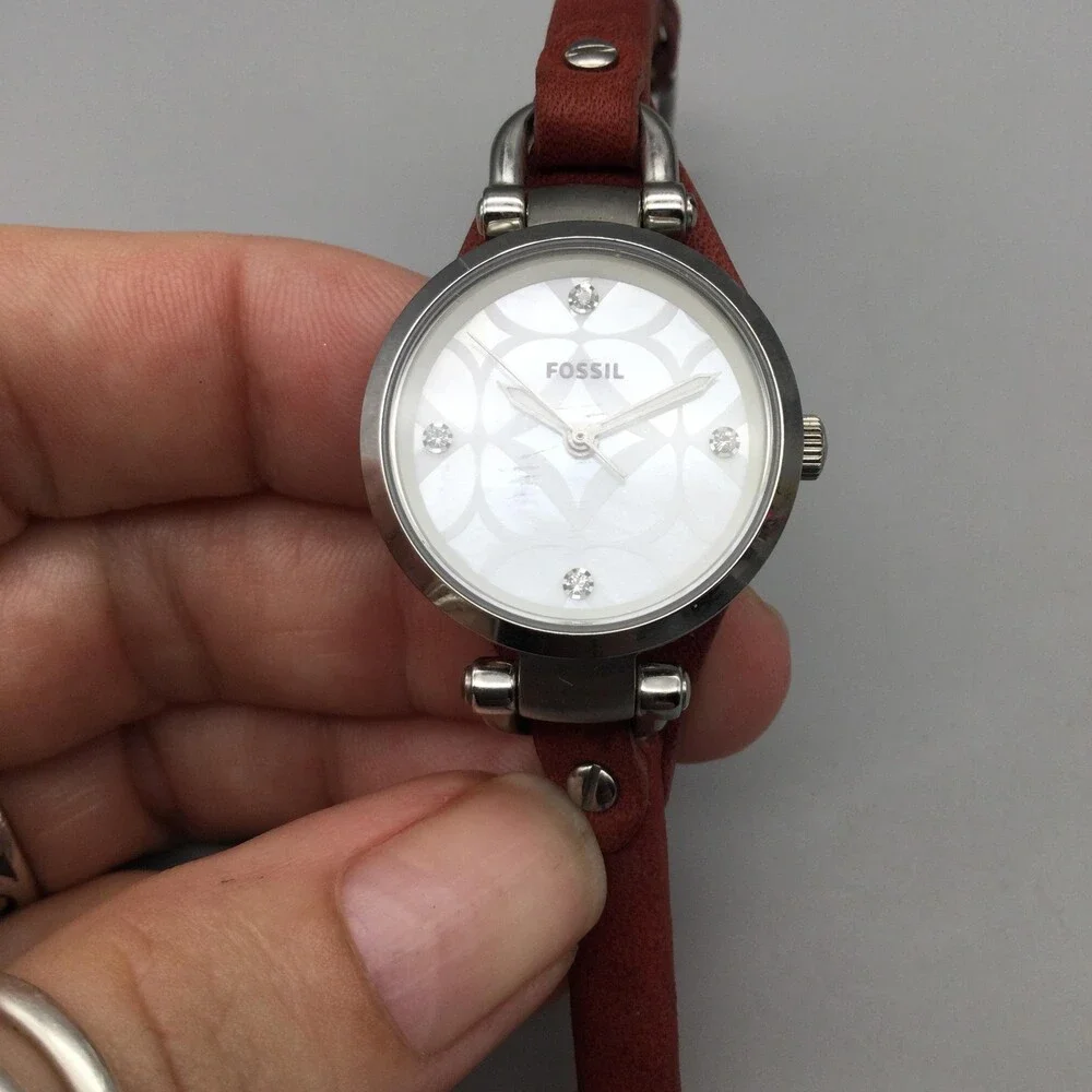 Fossil ES3428 Womens Watch 26mm White MOP Dial Brown Leather New Battery